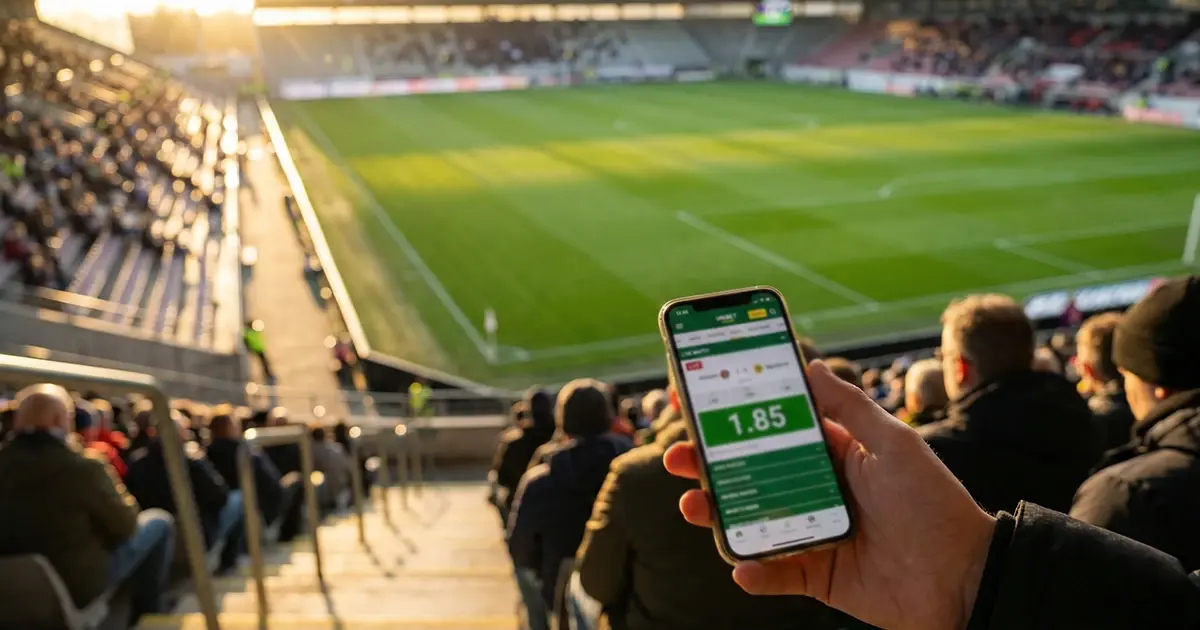 Terrain de football vu depuis les tribunes avec un smartphone affichant des cotes de paris sportifs