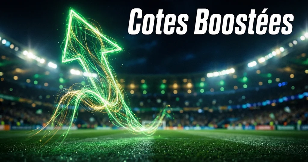 Flèche verte montante symbolisant une cote boostée devant un terrain de football