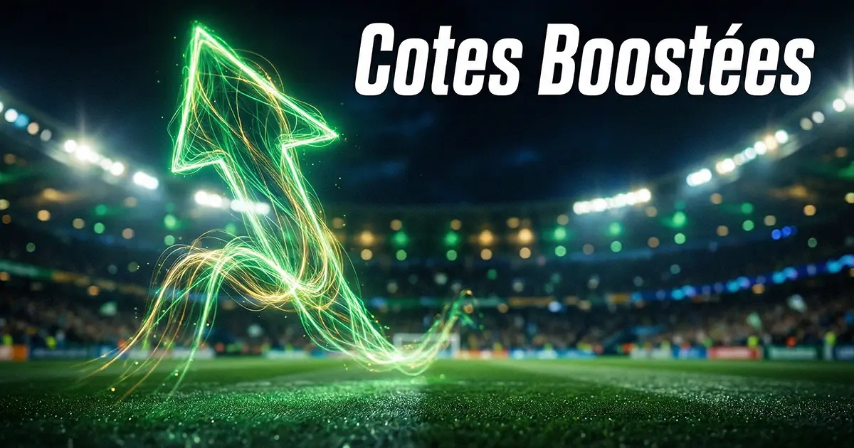 Flèche verte montante symbolisant une cote boostée devant un terrain de football