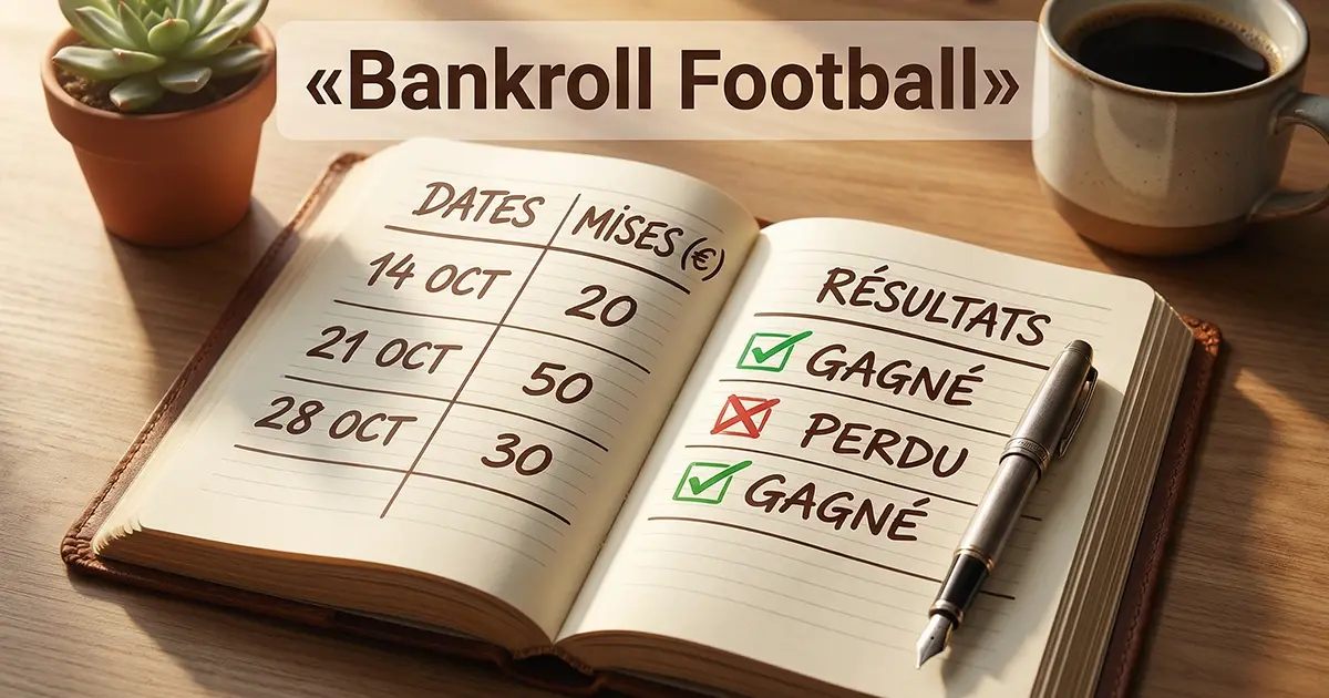 Carnet de notes ouvert avec des colonnes de suivi de paris football et un stylo