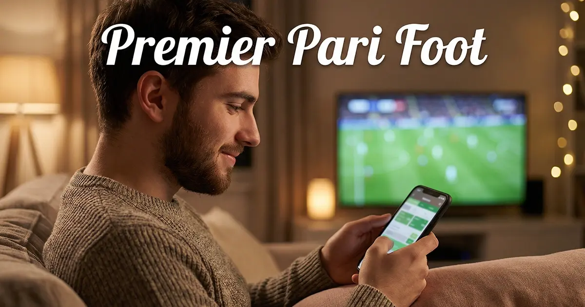 Jeune homme plaçant son premier pari football sur un smartphone