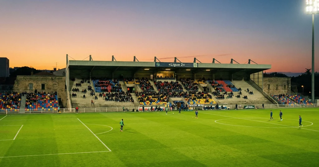 Petit stade de football français de Ligue 2 éclairé en soirée
