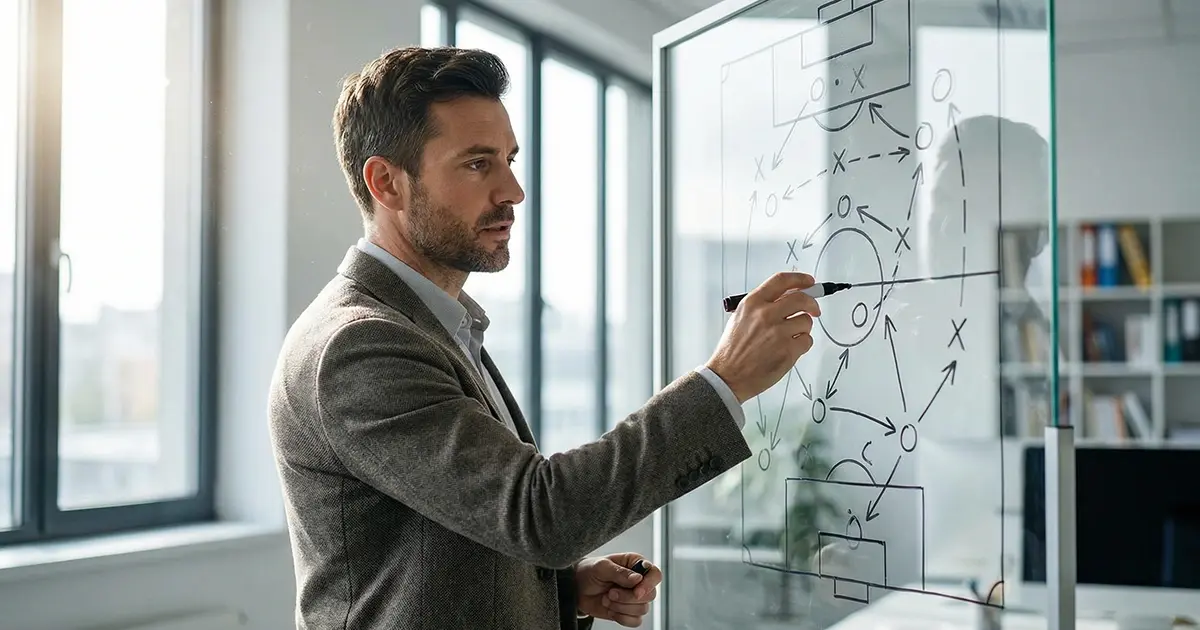 Journaliste sportif analysant des données de football sur un tableau blanc